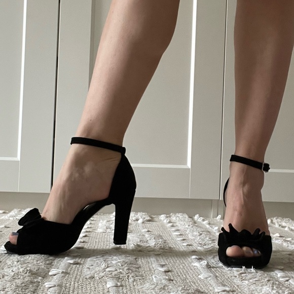Black Suede Peep Toe Heels - Picture 1 of 4